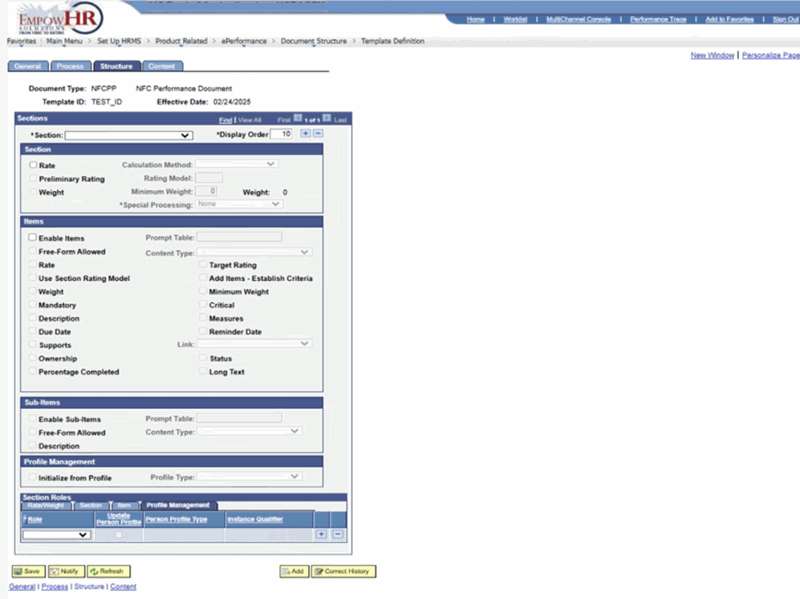 Template Definition Page - Structure Tab - Section Roles Region - Profile Management Tab